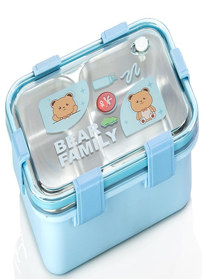 Clazkit علبة غداء كلازكيت ذات قسمين، مانعة للتسرب، مصنوعة من الفولاذ المقاوم للصدأ الخالي من مادة BPA، علبة غداء للأطفال، علبة غداء للمدرسة والمكتب مع شوكة وملعقة وزوج من عيدان الطعام (أزرق) - Image 1